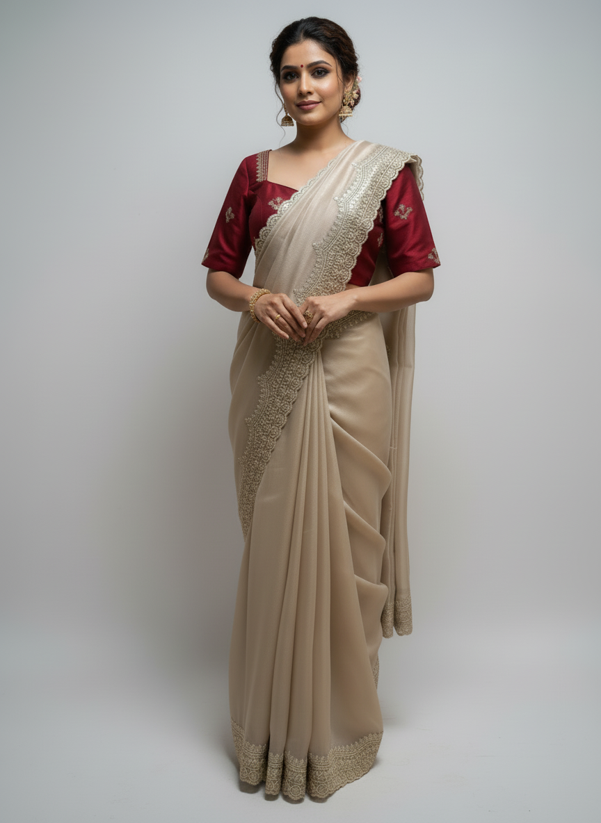 A beige gold saree with intricate zari embroidery along the border, paired with a rich wine-red embroidered blouse. The elegant color contrast and luxurious texture make it perfect for festive and wedding occasions.