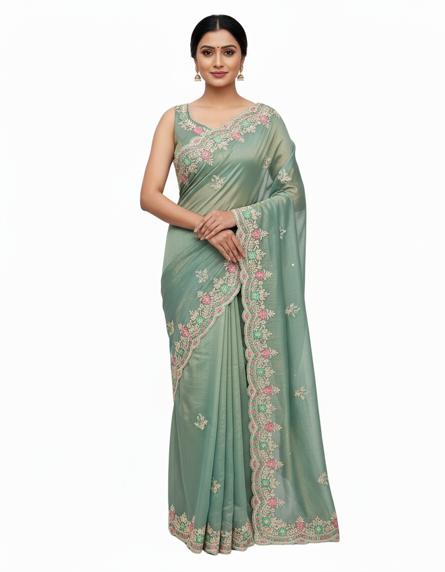 A graceful woman wearing a celestial blue space silk saree with intricate floral embroidery along the border. The soft silk fabric glows under natural light, complemented by a matching blouse and pearl accessories.