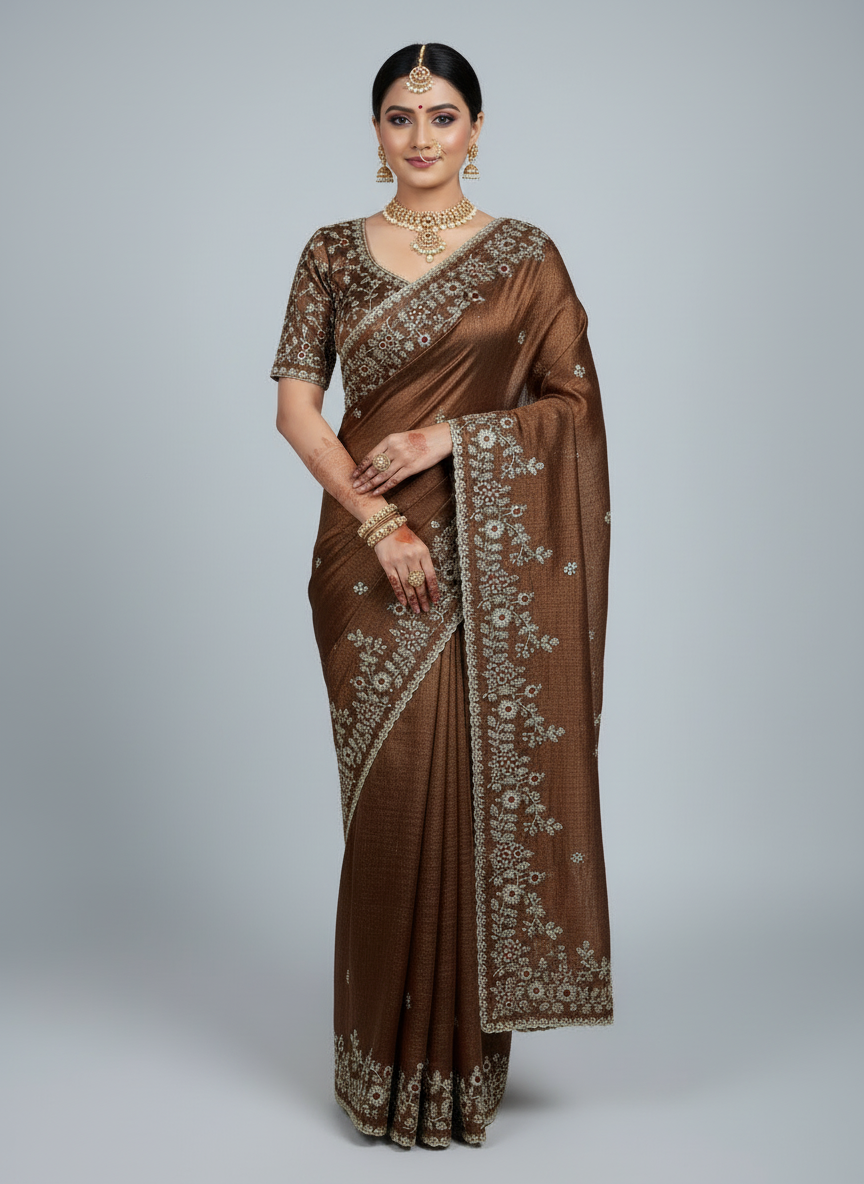 A rich chocolate brown Fandy silk saree adorned with intricate golden floral embroidery and hints of maroon threadwork. The saree features a detailed scalloped border, beautifully displayed with elegant decor elements, showcasing its luxurious texture and craftsmanship.