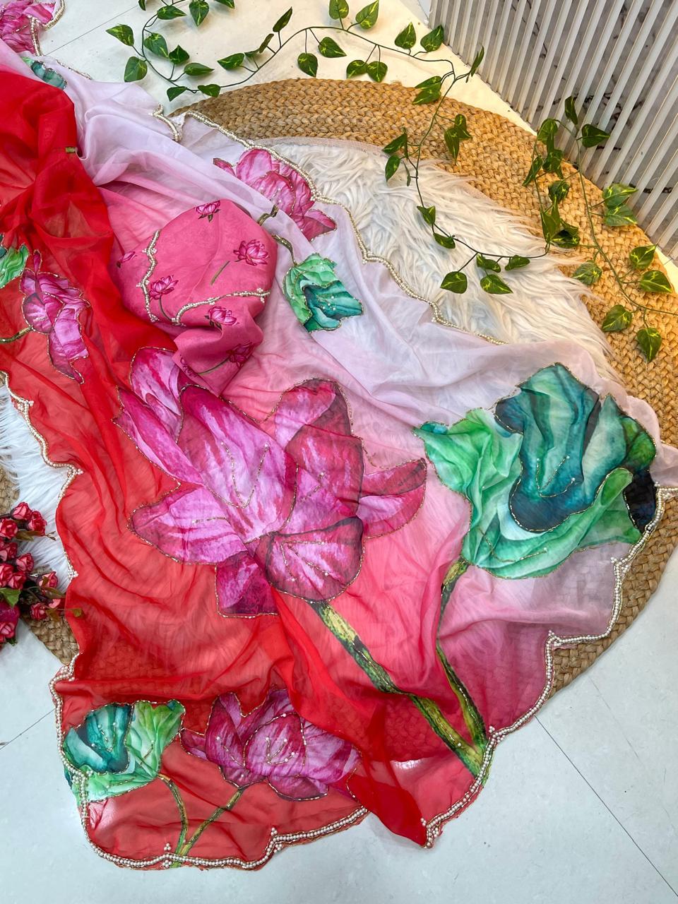 A designer organza saree showcasing a watercolor blend of red, pink, and white tones, decorated with bold lotus floral motifs. The pearl scalloped border and matching floral blouse add sophistication and premium charm.