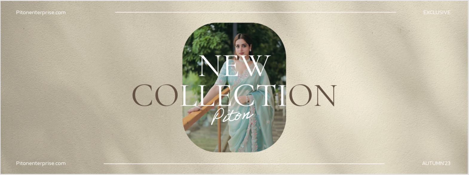 Promotional banner for a new collection with a woman in a dress and text overlay on a beige background.