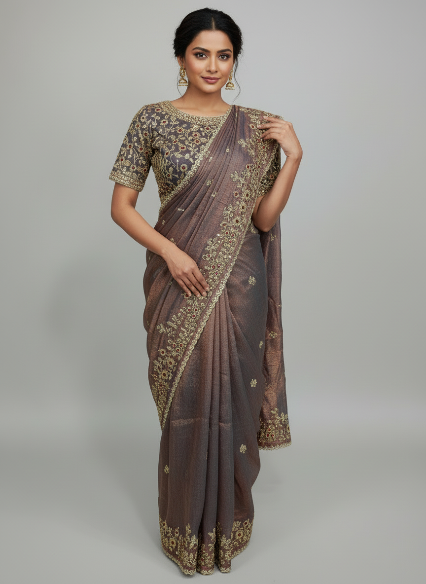 A graceful lavender Fandy silk saree featuring intricate golden floral embroidery with maroon highlights. The saree is paired with a matching embroidered blouse piece and detailed scalloped border, beautifully displayed with elegant decor for a rich and timeless look.