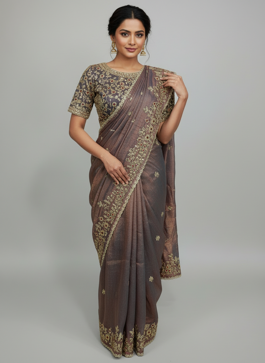 A graceful lavender Fandy silk saree featuring intricate golden floral embroidery with maroon highlights. The saree is paired with a matching embroidered blouse piece and detailed scalloped border, beautifully displayed with elegant decor for a rich and timeless look.
