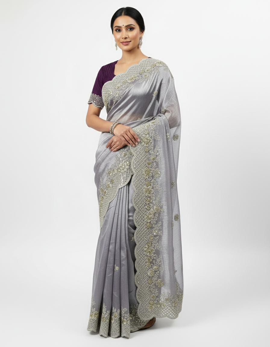 A soft lavender organza saree adorned with intricate silver and gold sequin embroidery along a scalloped border. The saree has a delicate shimmer and is paired with a contrasting deep magenta blouse piece, arranged elegantly in a woven basket on a white fur background.