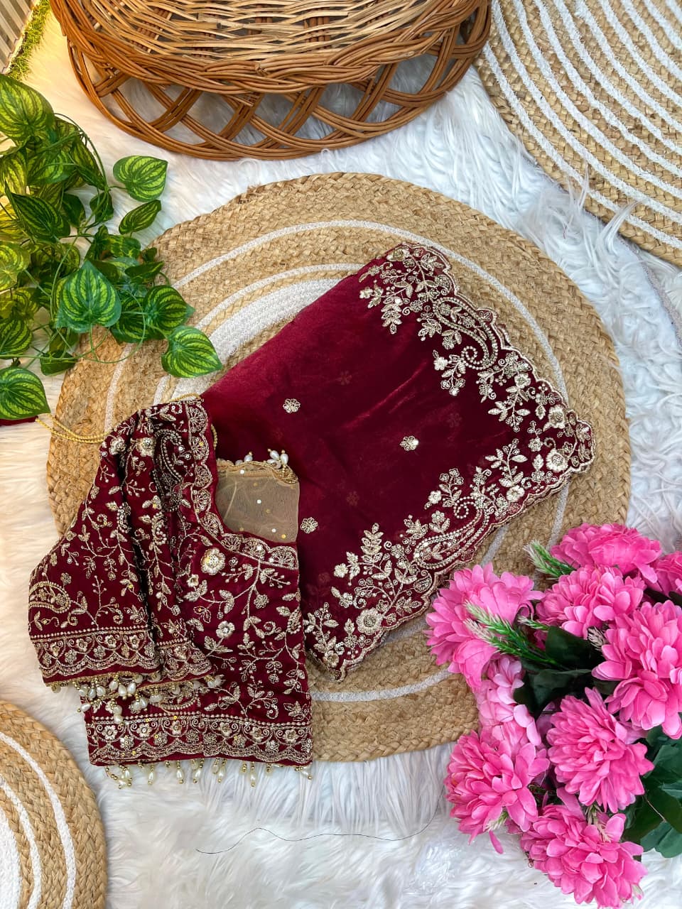 A festive maroon soft space silk saree beautifully embellished with small floral motifs and a richly embroidered border. Paired with a matching heavy embroidered blouse, this saree offers timeless elegance and charm.