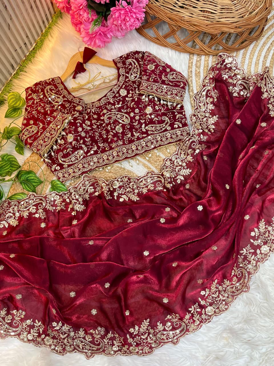 A luxurious maroon soft space silk saree adorned with delicate golden floral embroidery and an intricately designed border. The saree is paired with a heavily embroidered designer blouse featuring rich zari and sequin work, making it perfect for weddings and festive occasions.