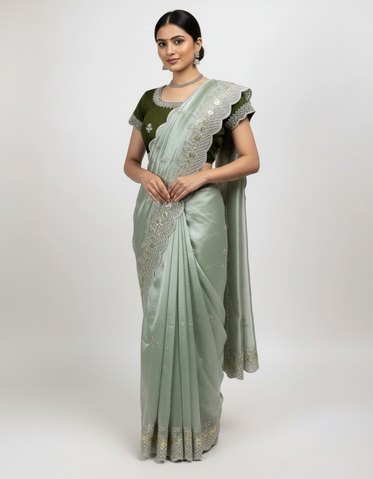 A mannequin draped in a mint green organza saree adorned with a scalloped silver embroidered border and delicate sequin floral motifs. The saree is paired with a contrasting olive green blouse featuring matching embroidery on the neckline and sleeves, creating an elegant and sophisticated ethnic ensemble.