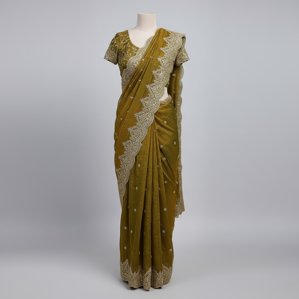 A luxurious mustard gold organza saree adorned with intricate golden embroidery and a richly embellished scalloped border. The saree is paired with a matching embroidered blouse piece, displayed with elegant accessories, showcasing a regal and festive aesthetic.