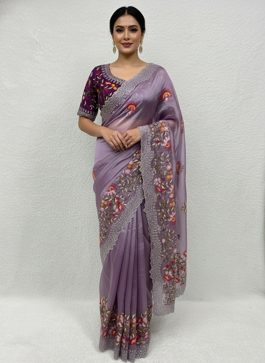 A stunning onion-colored organza saree adorned with intricate multicolor floral embroidery along the border. The saree comes with a matching stitched blouse featuring the same vibrant threadwork, combining modern charm with ethnic elegance.