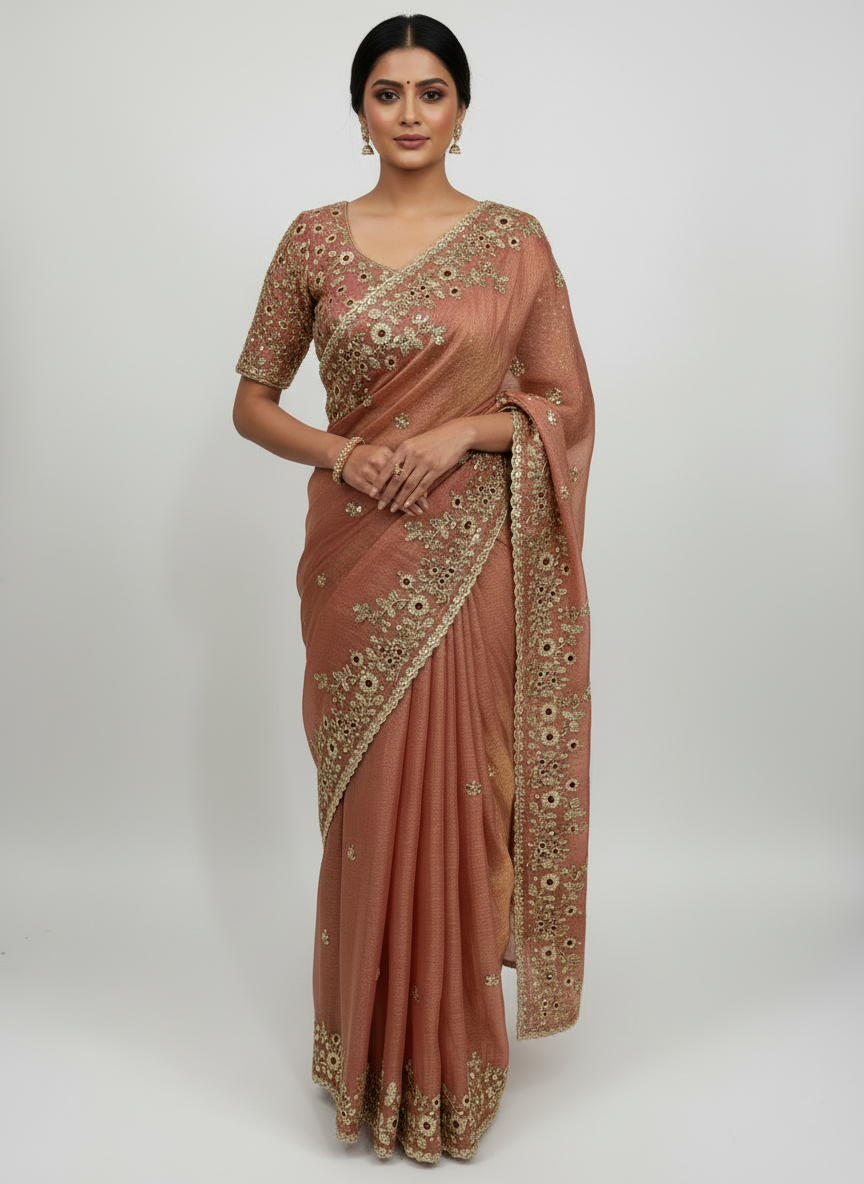 A soft peach Fandy silk saree adorned with intricate golden floral embroidery and shimmering sequins. The saree features a detailed scalloped border and matching embroidered blouse piece, exuding timeless elegance and sophistication.
