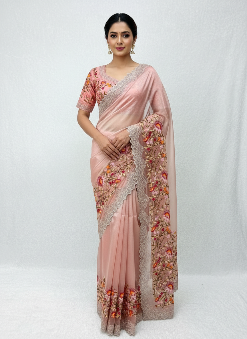 A delicate peach organza saree featuring vibrant multicolor floral embroidery along the border. The saree is paired with a matching stitched blouse showcasing intricate threadwork and sequin detailing, creating a graceful and festive look.