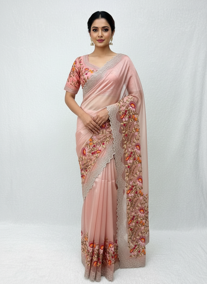 A delicate peach organza saree featuring vibrant multicolor floral embroidery along the border. The saree is paired with a matching stitched blouse showcasing intricate threadwork and sequin detailing, creating a graceful and festive look.