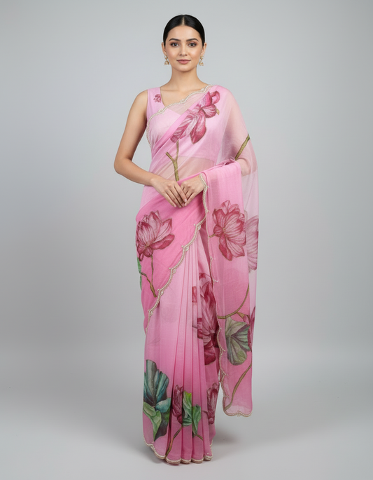 A soft pink organza saree featuring stunning hand-painted lotus and leaf motifs in shades of pink and green. The saree has a delicate pearl scalloped border and comes with a matching blouse showcasing floral detailing, creating an elegant and artistic ethnic look.
