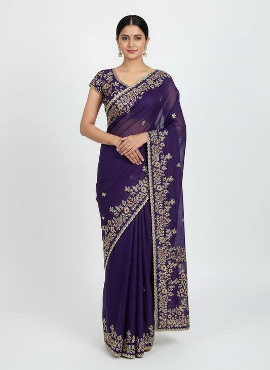 A luxurious purple Fandy silk saree featuring intricate golden floral embroidery and maroon thread accents along a detailed scalloped border. The saree includes a matching embroidered blouse piece, displayed elegantly with decorative elements, radiating royal charm and festive elegance.