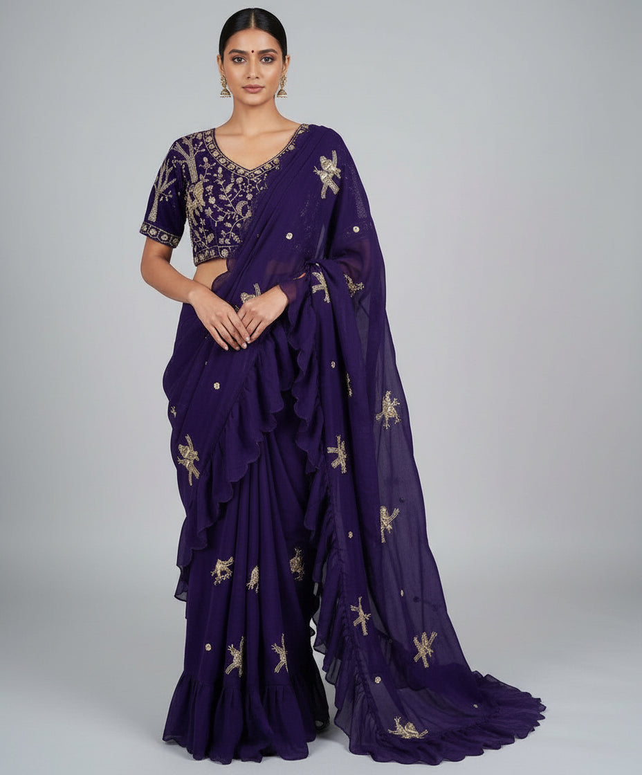 A royal purple space silk saree adorned with exquisite golden bird embroidery and scalloped borders. The saree is paired with a matching stitched blouse featuring intricate zari and sequin detailing, offering a regal and festive look.