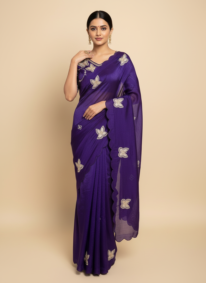 A luxurious purple space silk saree adorned with golden butterfly embroidery and scalloped edges. The saree is paired with a matching stitched blouse featuring circular sequin patterns and butterfly designs, perfect for festive and party occasions.