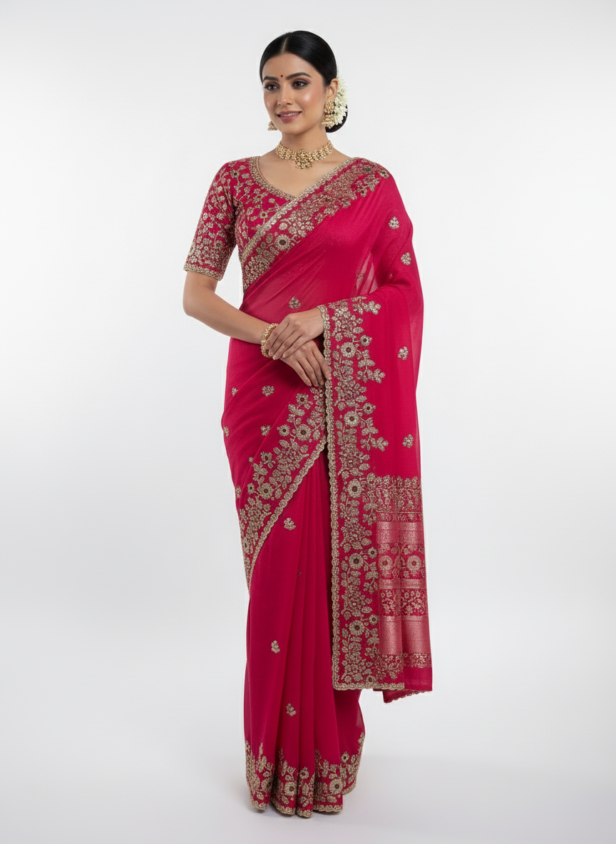 A stunning Rani pink Fandy silk saree adorned with intricate golden floral embroidery and a detailed scalloped border. The saree is paired with a matching embroidered blouse piece, displayed with elegant decor elements, radiating festive and royal charm.