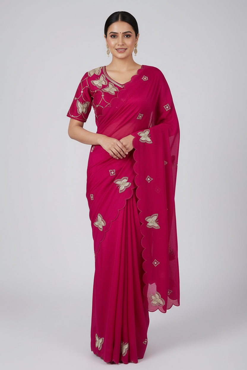 A striking Rani pink space silk saree embellished with shimmering butterfly embroidery and scalloped edges. The saree is paired with a matching stitched blouse featuring circular sequin designs and butterfly motifs, creating a festive and elegant ethnic look.
