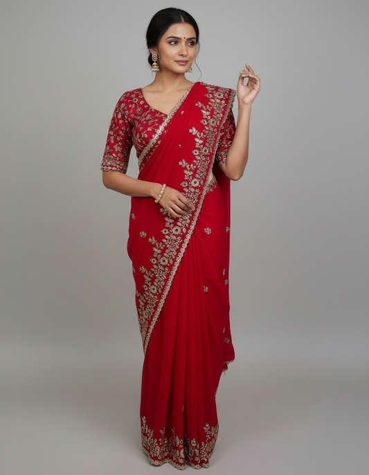A rich red Fandy silk saree adorned with intricate golden floral embroidery and a detailed scalloped border. The saree is paired with a matching embroidered blouse piece and displayed with elegant decorative accents, reflecting traditional grace and festive charm.