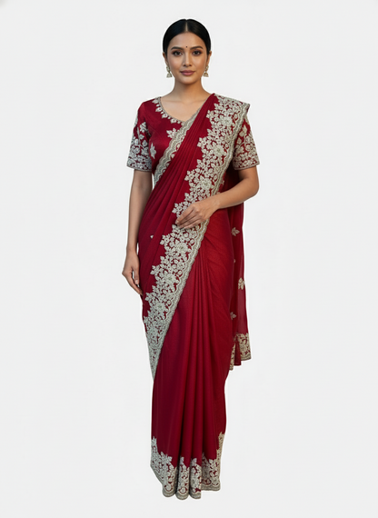 A vibrant red Fandy silk saree featuring intricate white floral embroidery along the border and scattered motifs throughout the fabric. The saree is paired with a matching blouse adorned with coordinated white thread and bead embroidery, creating an elegant and festive ethnic look.