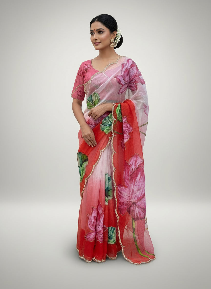 A stunning soft organza saree in shades of red, pink, and white, featuring large hand-painted lotus flowers in vibrant pink and green. The saree is finished with a pearl-embellished scalloped border and includes a matching blouse with lotus artwork, creating an elegant and artistic ethnic look.