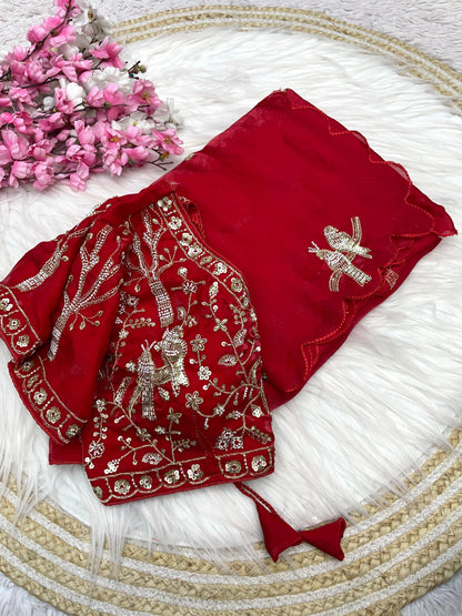 A luxurious red space silk saree adorned with golden and silver bird motifs and delicate scalloped edges. The ensemble includes a matching stitched blouse with intricate embroidery, perfect for weddings and special occasions.