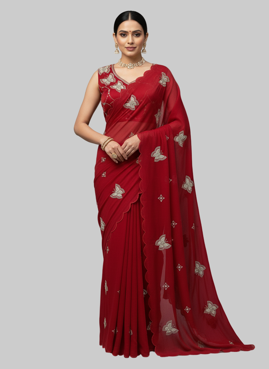 A stunning red space silk saree featuring intricate embroidered butterfly motifs and scalloped borders. The saree is paired with a matching stitched blouse embellished with golden thread and sequin embroidery, perfect for festive and party occasions.