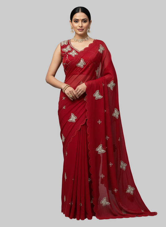 A stunning red space silk saree featuring intricate embroidered butterfly motifs and scalloped borders. The saree is paired with a matching stitched blouse embellished with golden thread and sequin embroidery, perfect for festive and party occasions.