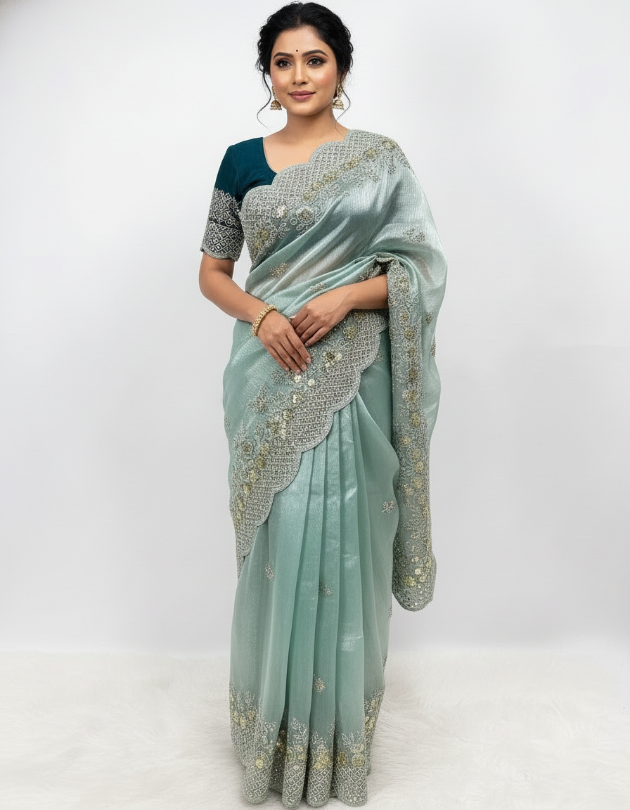 A shimmering sea green organza saree featuring delicate silver and gold sequin embroidery along a scalloped border. The saree is paired with a contrasting dark teal blouse piece, placed in a woven basket on a soft white fur background, showcasing its elegant texture and intricate craftsmanship.