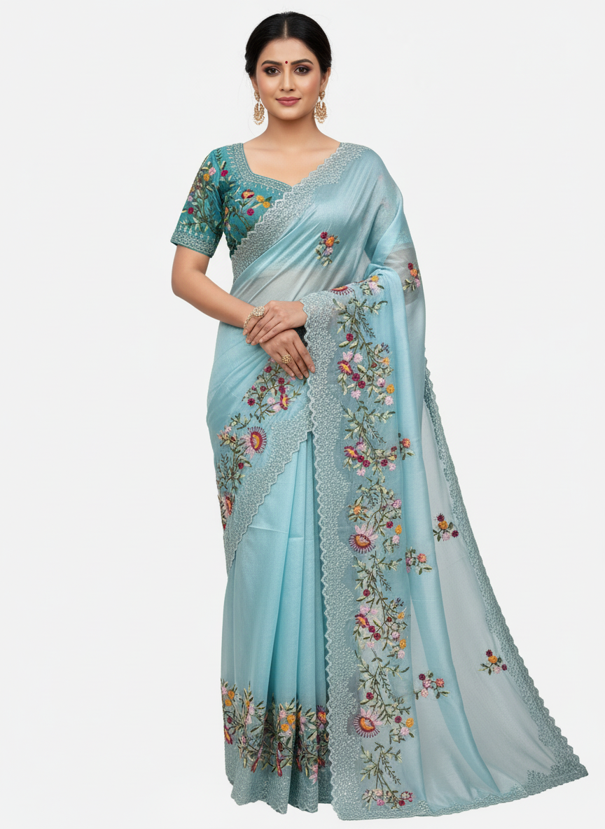 A beautiful sky blue organza saree featuring intricate multicolor floral embroidery along the border, paired with a matching stitched blouse. The blouse showcases detailed threadwork with vibrant floral motifs, creating a fresh and elegant festive look.