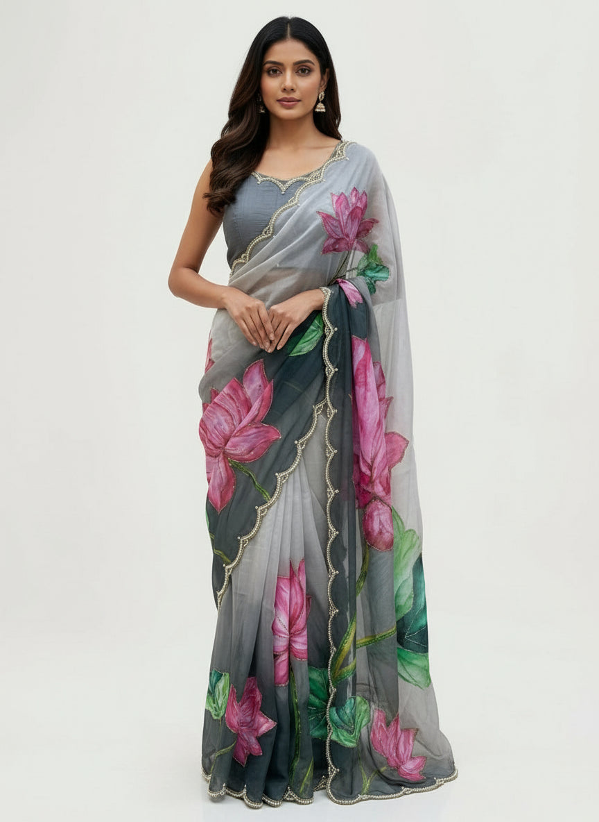 A soft organza saree featuring stunning hand-painted lotus designs in vibrant pink and green shades. The saree has a pearl-embellished scalloped border and comes with a matching blouse showcasing lotus motifs, creating a graceful and artistic ethnic look.