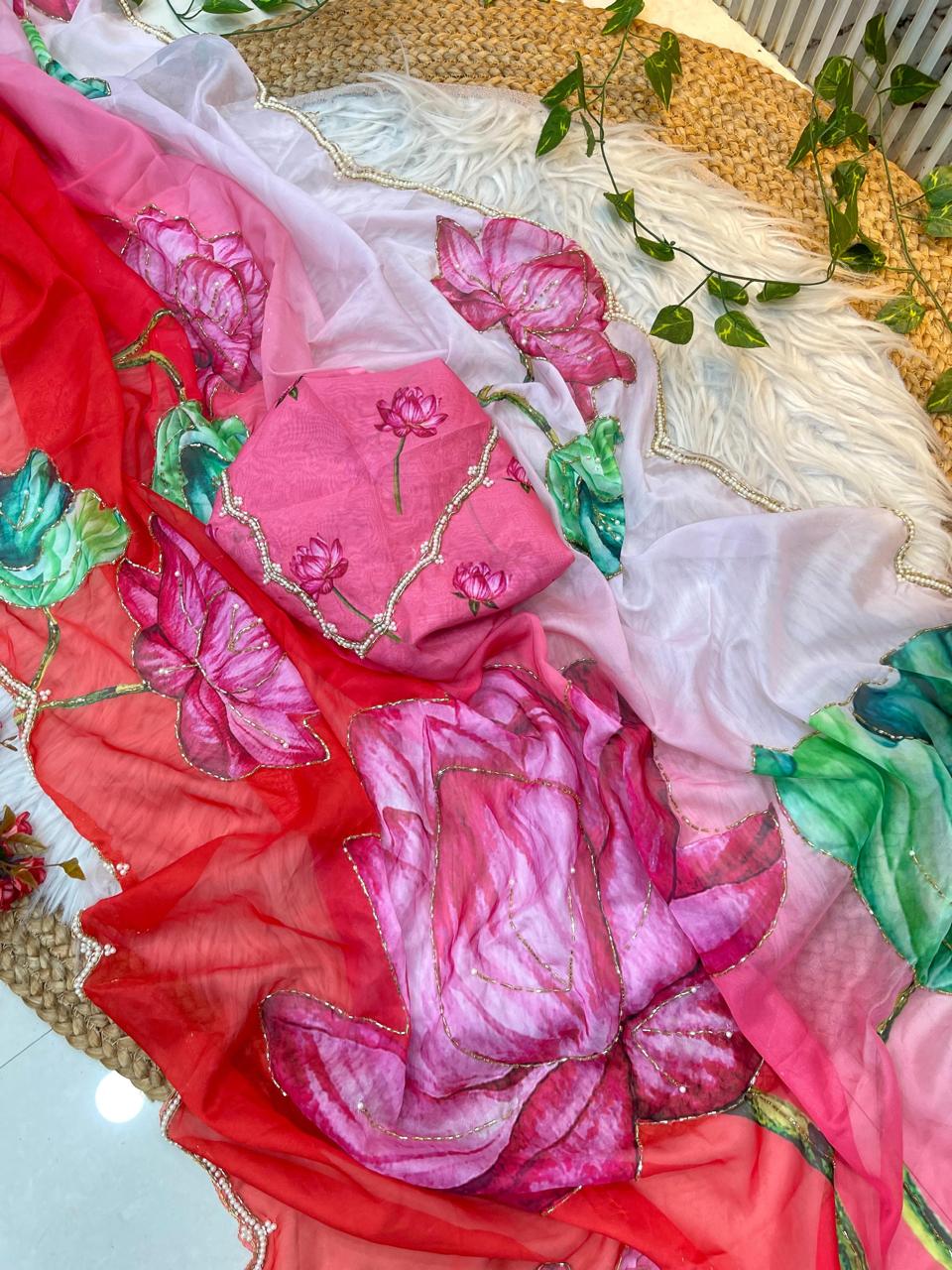 A vibrant soft organza saree blending red and pink gradients, enriched with artistic lotus prints in pink and green. The pearl-edged scalloped border and coordinated blouse create a stylish and festive look.