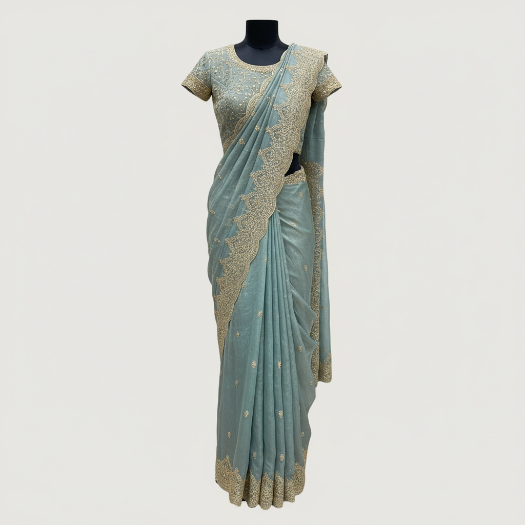 A luxurious teal blue organza saree beautifully adorned with intricate golden embroidery and heavy sequin work along the scalloped border. The saree is paired with a matching embroidered blouse piece and displayed with elegant accessories, exuding a regal and festive charm.