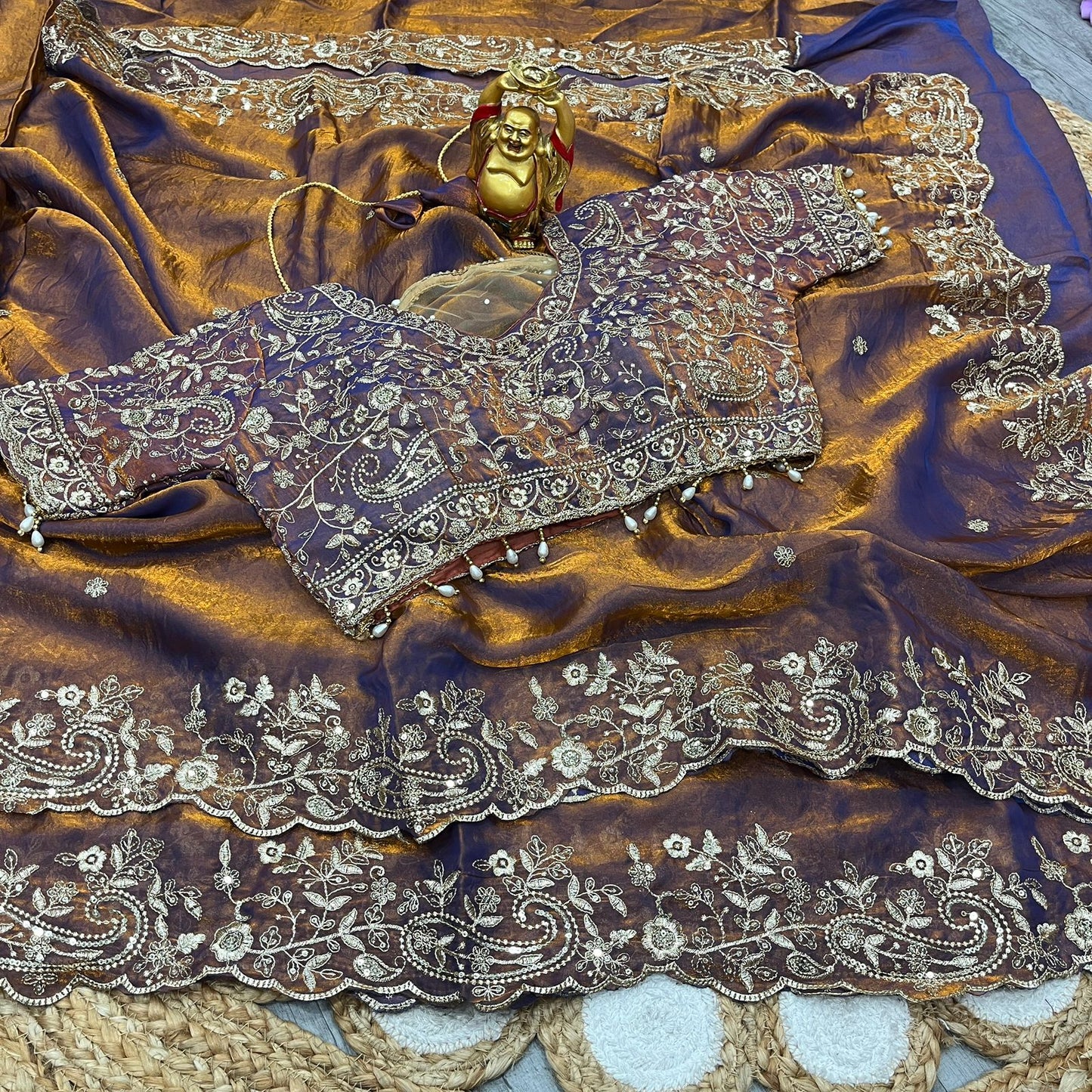 Designer Embroidered Satin Saree with Stitched Blouse | Heavy Sequin Border | Party Wear Saree