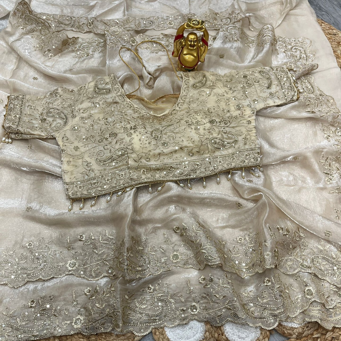 Designer Embroidered Satin Saree with Stitched Blouse | Heavy Sequin Border | Party Wear Saree