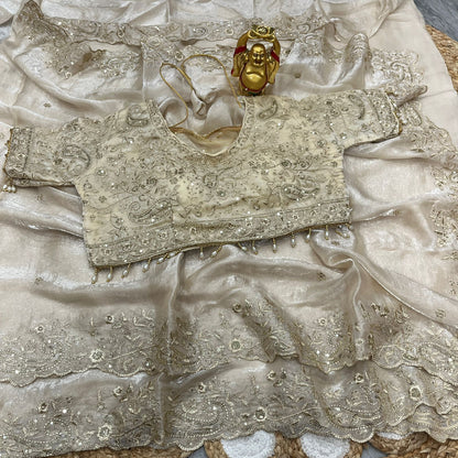 Designer Embroidered Satin Saree with Stitched Blouse | Heavy Sequin Border | Party Wear Saree