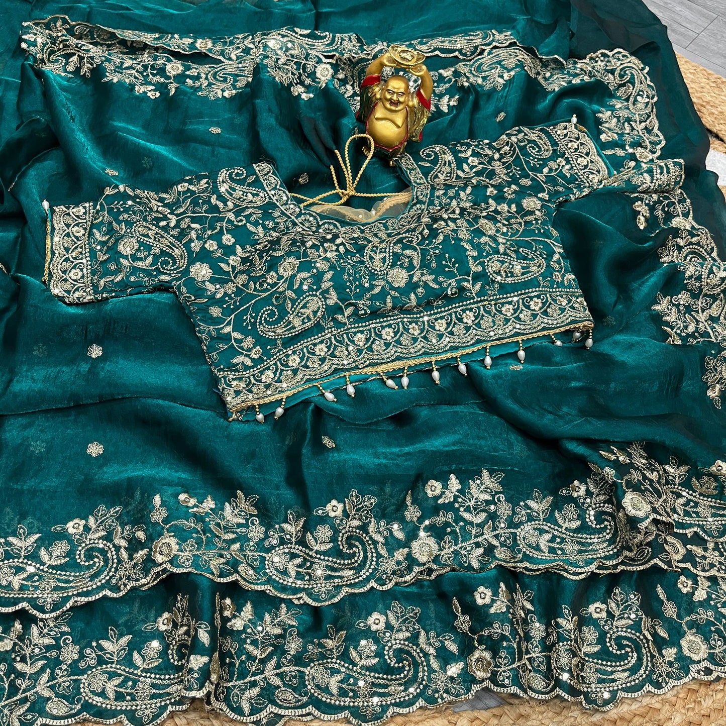 Designer Embroidered Satin Saree with Stitched Blouse | Heavy Sequin Border | Party Wear Saree