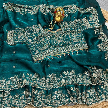 Designer Embroidered Satin Saree with Stitched Blouse | Heavy Sequin Border | Party Wear Saree