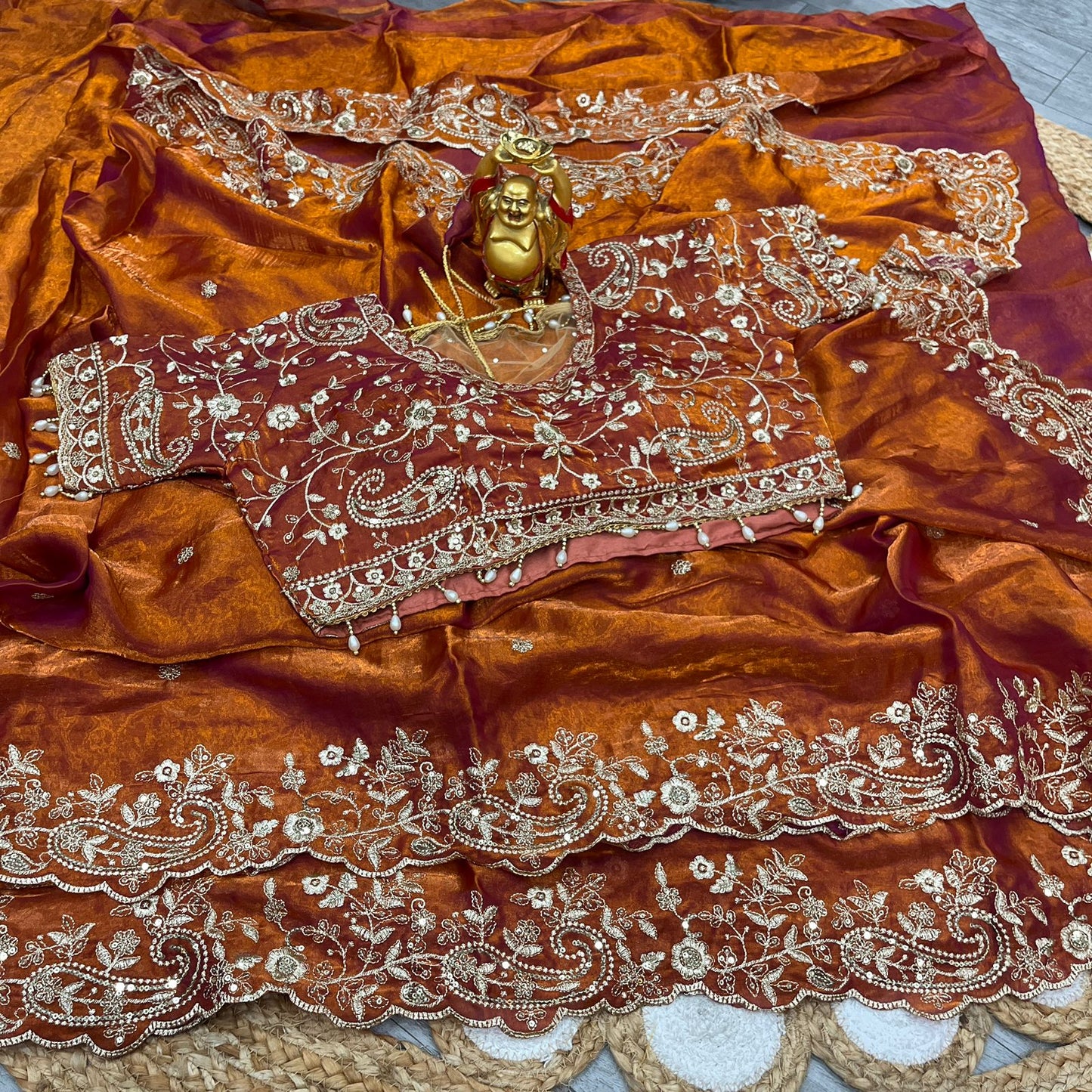 Designer Embroidered Satin Saree with Stitched Blouse | Heavy Sequin Border | Party Wear Saree