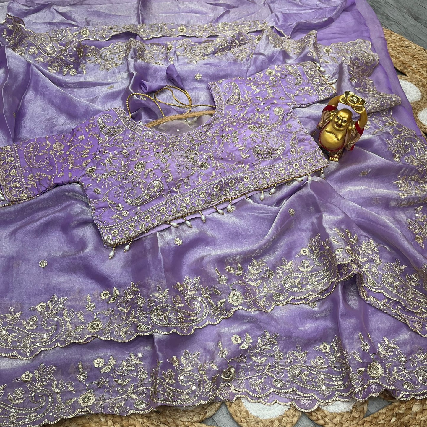 Designer Embroidered Satin Saree with Stitched Blouse | Heavy Sequin Border | Party Wear Saree