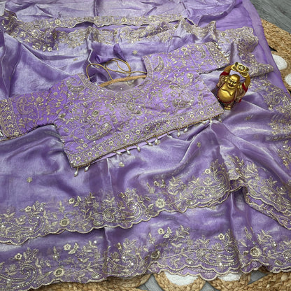 Designer Embroidered Satin Saree with Stitched Blouse | Heavy Sequin Border | Party Wear Saree