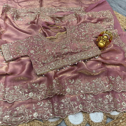 Designer Embroidered Satin Saree with Stitched Blouse | Heavy Sequin Border | Party Wear Saree