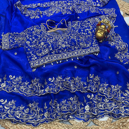 Designer Embroidered Satin Saree with Stitched Blouse | Heavy Sequin Border | Party Wear Saree