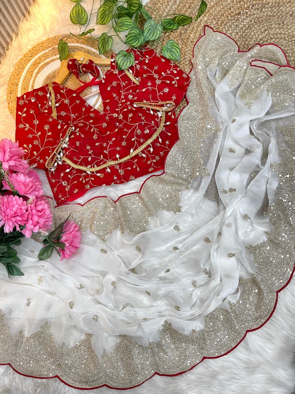 A simple yet elegant white saree enhanced with subtle golden embroidery and a scalloped border. The saree is paired with a contrasting red blouse, creating a timeless and graceful ethnic outfit.