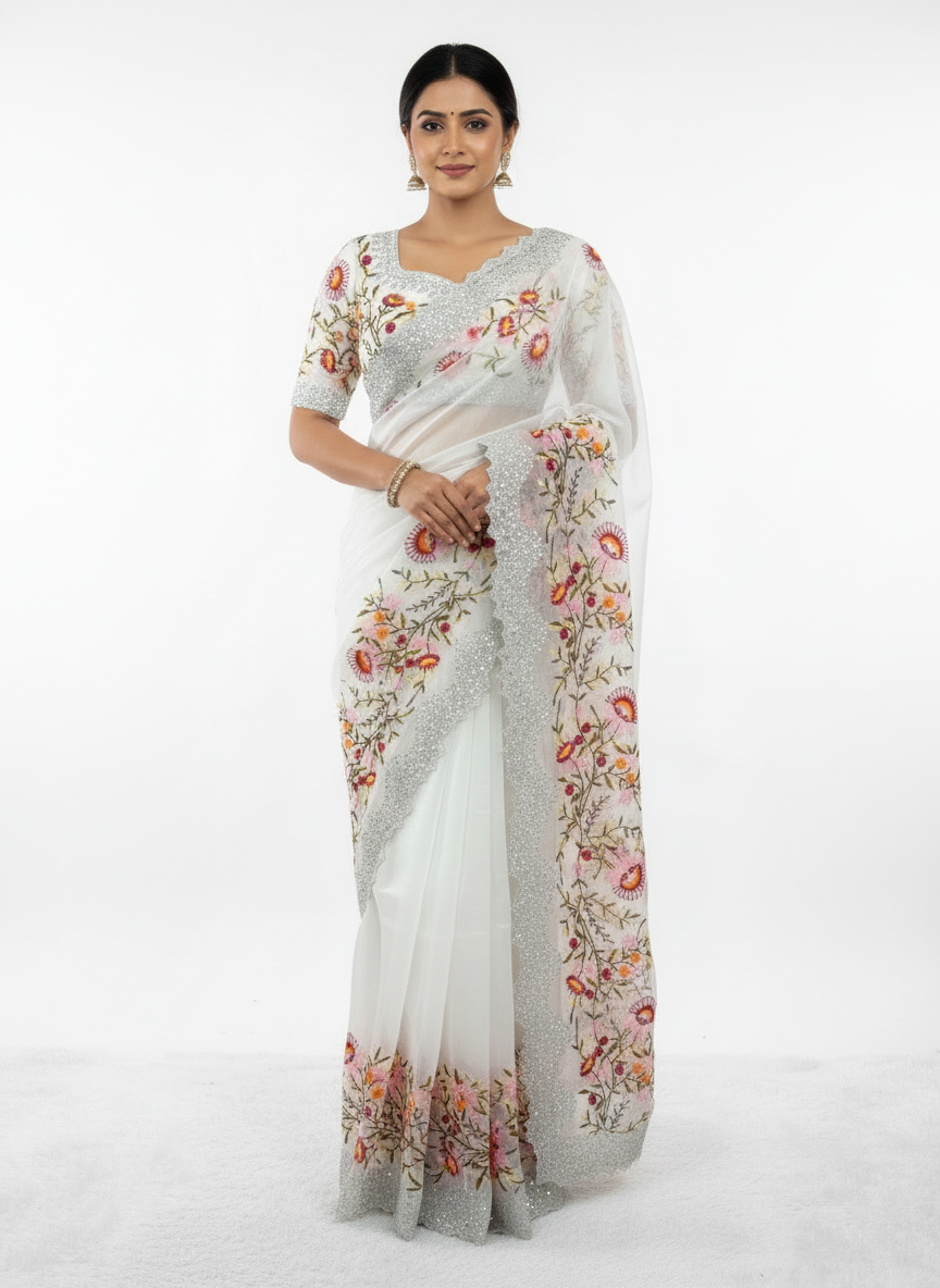 A pure white organza saree beautifully adorned with multicolor floral embroidery along the border. The saree comes with a matching stitched blouse featuring vibrant floral threadwork, creating a graceful and timeless ethnic look.